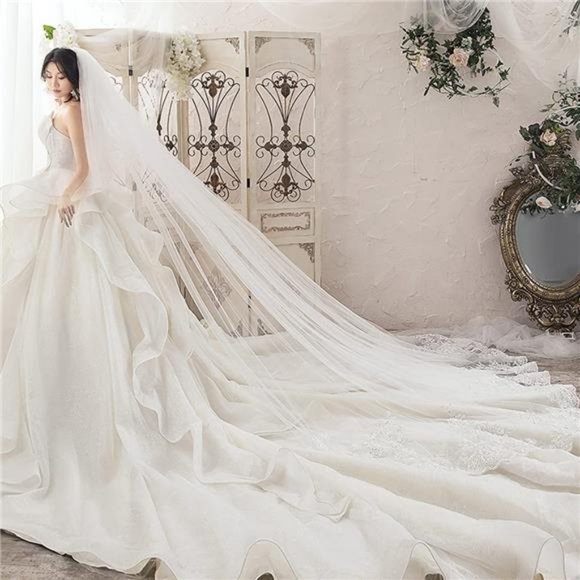 Wedding Veils Cathedral Length 2 Tier Long Sequins Lace Edge Blusher with Comb